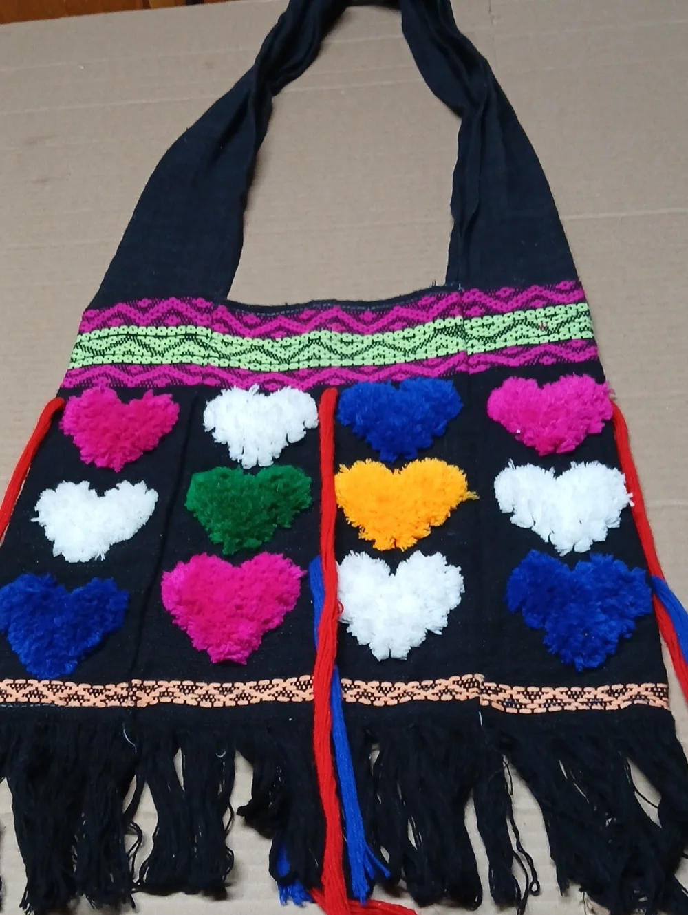 Boho Woven Fabric Hobo Shoulder Bag Black Fringe w/ Multicolor Fuzzy Hearts